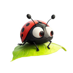 A cute cartoon ladybug with large eyes sits atop a vibrant green leaf against a black background.