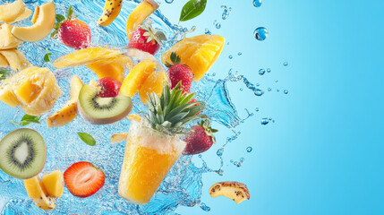 Tropical Fruit Splash: A refreshing burst of vibrant color! A glass of freshly squeezed orange juice explodes with a mix of pineapple, strawberries, kiwi, and melon.