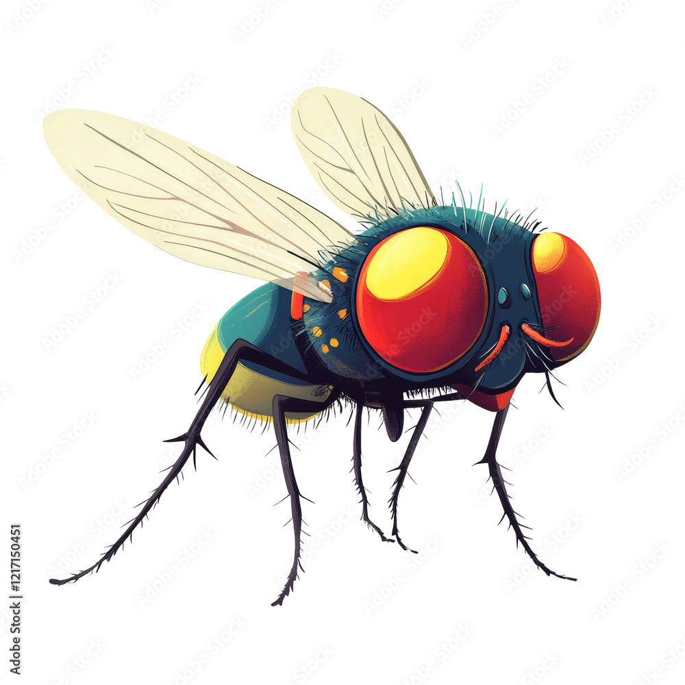 Poster a detailed artistic rendering of a house fly with vibrant colors and textures, showcasing its intric