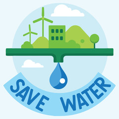 Naklejka premium This vibrant illustration depicts a stylized city landscape, including wind turbines and buildings, supported by a pipe, with a water droplet dripping from its end