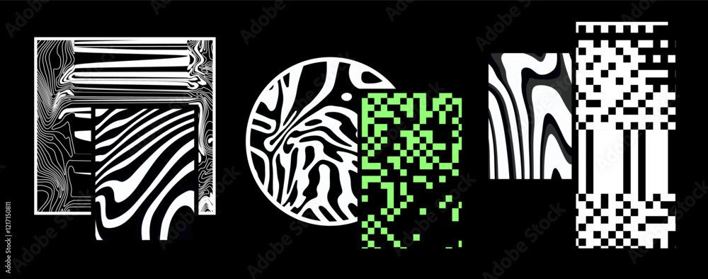 Aufkleber Geometric distress aesthetics in abstract pattern design. Brutalism inspired vector graphics collage made with simple geometric shapes and grunge texture, useful for poster art and digital prints.