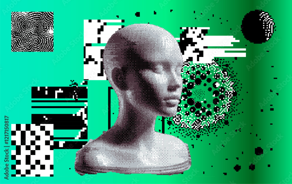 Poster glitched and decomposted pixelated human face on a green background. futuristic neo-brutalist vector