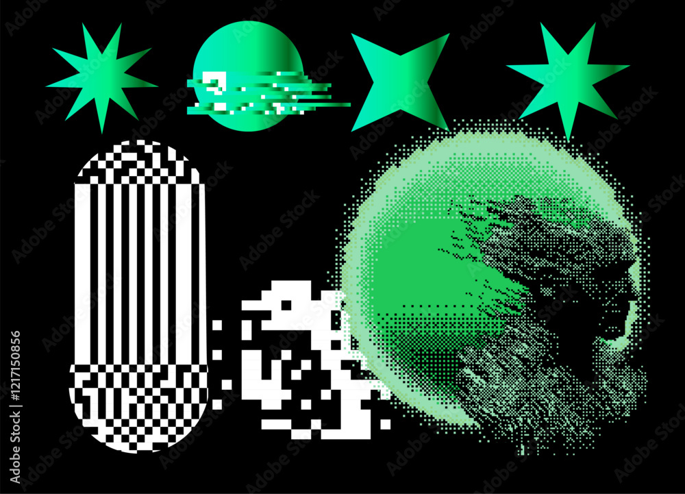 Aufkleber Geometric distress aesthetics in abstract pattern design. Brutalism inspired vector graphics collage made with simple geometric shapes and grunge texture, useful for poster art and digital prints.