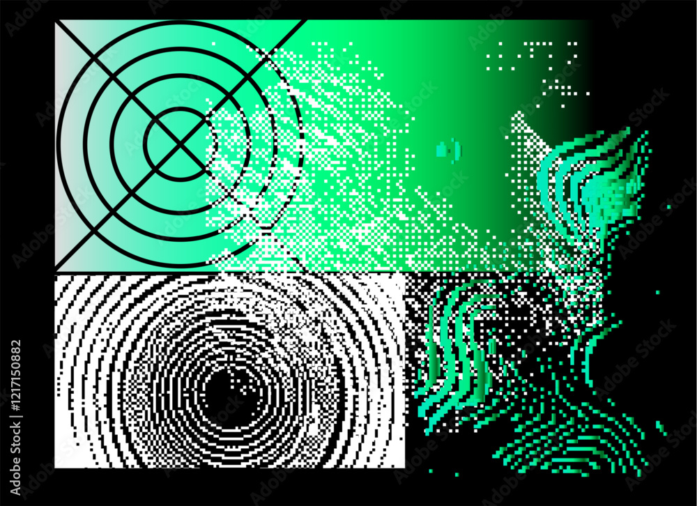 Aufkleber Geometric distress aesthetics in abstract pattern design. Brutalism inspired vector graphics collage made with simple geometric shapes and grunge texture, useful for poster art and digital prints.
