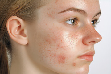 Portrait of young woman with acne problem. Cosmetology and skin care concept. Teenage girl with red pimples. Generated AI
