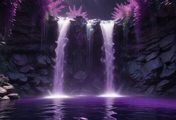 Fototapeta premium Glittering purple waterfall cascading into a pool of sparkling water, shine, sparkle