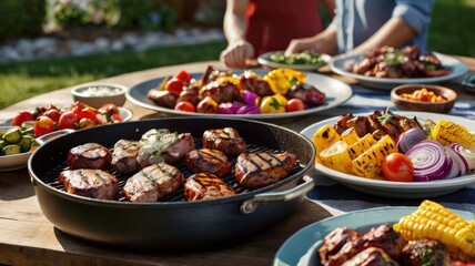 Savoring the Delight of Grilled Feast: A Vibrant BBQ spread Featuring Succulent Meats, Colorful Vegetables, and a Perfect Summer