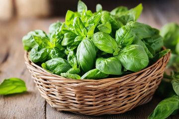 Fresh basil leaves on kitchen table, closeup view. Traditional Italian spice. Generated AI