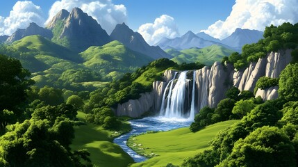 Fototapeta premium Majestic Waterfall in Lush Green Valley with Dramatic Mountain Backdrop