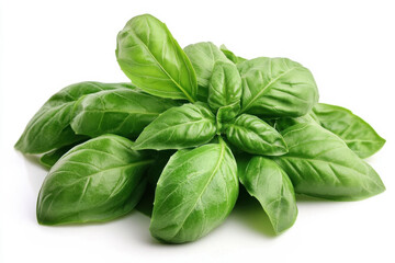 Fototapeta premium Basil leaves isolated on white background, closeup view. Generated AI