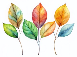 Fototapeta premium Watercolor Leaf Branches: Aerial View, Isolated on White & Transparent Backgrounds - Stock Photo