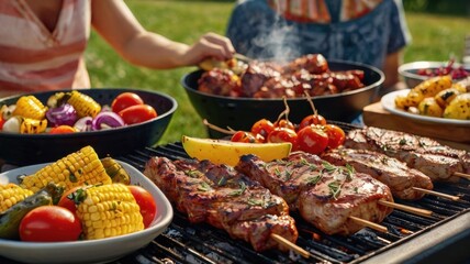 Obraz premium Savoring the Delight of Grilled Feast: A Vibrant BBQ spread Featuring Succulent Meats, Colorful Vegetables, and a Perfect Summer