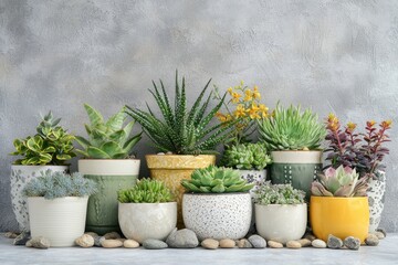 Fototapeta premium A decorative display of various potted plants in white, green, and yellow containers, surrounded by small rocks, creates an inviting atmosphere in a contemporary space.