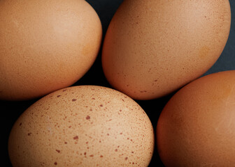 chicken eggs close up on black background