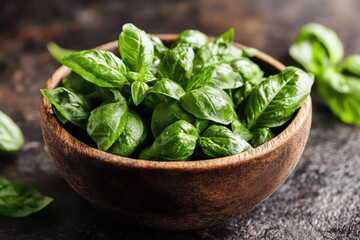 Fresh basil leaves in bowl on kitchen table, closeup view. Traditional Italian spice. Generated AI