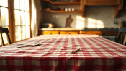 Sunlit Kitchen Table with Red and White Checkered Tablecloth and Utensils