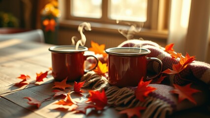 Warm Autumn Beverages on Wooden Table with Fall Leaves