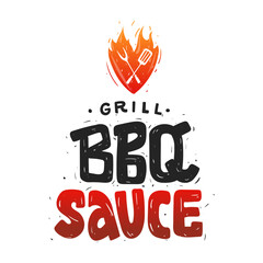 BBQ Sauce. Logo, label, sticker with bold text. Flaming heart grill icon featuring fork and spatula. Red gradient design. Vector file