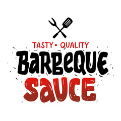 Barbeque Sauce. Bold text with grill icon fork and spatula. Logo, label, sticker. Vector file