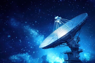 Stunning view of a satellite dish broadcasting signals into the starry night sky, surrounded by cosmic clouds and twinkling stars, showcasing technology and exploration