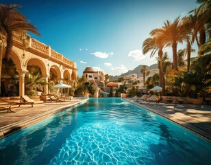 pileta de agua turquesa en lujoso hotel de montañas para vacacionar