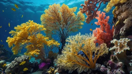 Obraz premium A Vibrant Underwater Garden: Exploring the Rich Diversity of Colorful Coral Reefs Illuminated by Sunlight Beneath Crystal Clear