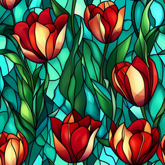 Seamless pattern, stained glass style featuring red tulip flowers with leaves on a bright green background