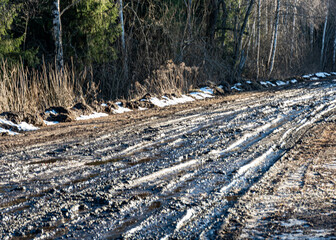 a muddy, wet road, mud texture, snow remnants, winter road