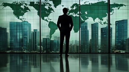 Fototapeta premium Global Vision: A Businessman Contemplating the World from a Skyscraper
