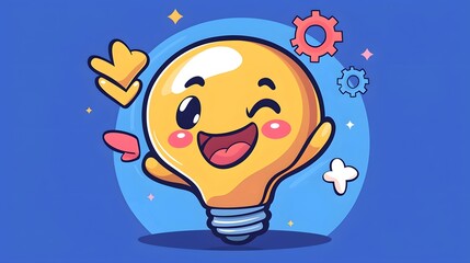 Naklejka premium Friendly Kawaii Lightbulb Representing Ideas and Creativity with Colorful Gears
