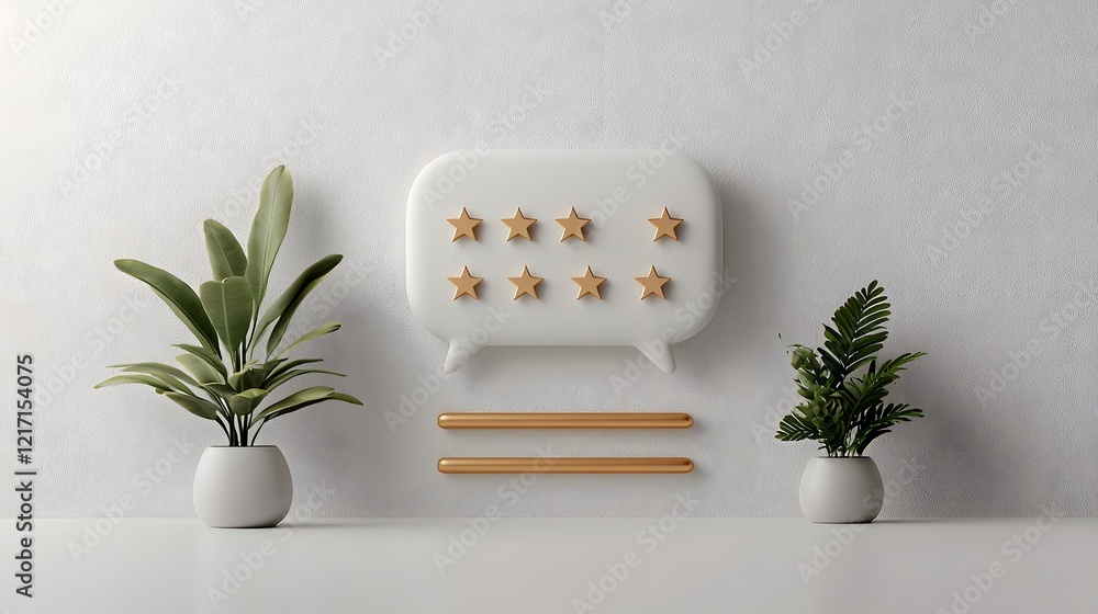Poster Highly detailed 3D rendering of a white speech bubble with five golden stars aligned on the right side and two soft gold bars below representing satisfaction levels