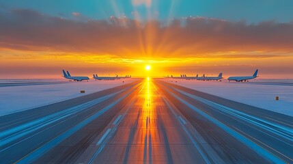 Aerial view of an expansive airport runway captured at sunrise illuminated by the golden light and casting long dramatic shadows creating a sense of endless travel and horizon