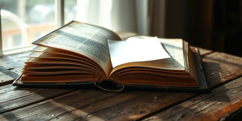 Obraz premium A well-worn book rests open on a rustic wooden surface, bathed in the warm glow of sunlight streaming through a nearby window.