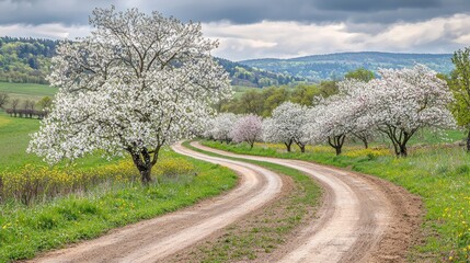 Obraz premium Spring Blossoms Curve Road Countryside Landscape