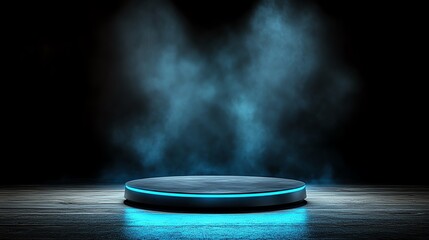 Futuristic blue-lit podium in a dark setting, enveloped by ethereal mist and highlighting potential of technology