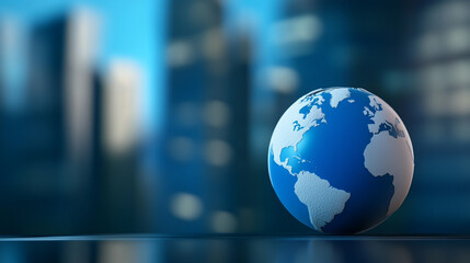 A close-up view of Earth globe in a modern urban environment, symbolizing global connectivity.