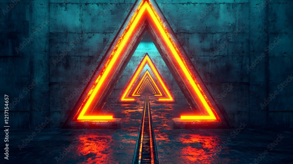 Poster futuristic 3d rendered image of an empty dark concrete corridor with glowing neon side panels and an