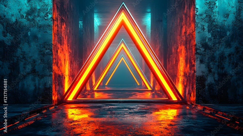 Poster atmospheric 3d visualization of a dimly lit futuristic concrete corridor with glowing side panels ru