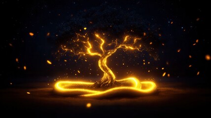 A glowing, stylized tree with golden branches and a luminous base, surrounded by sparkles against a dark background.
