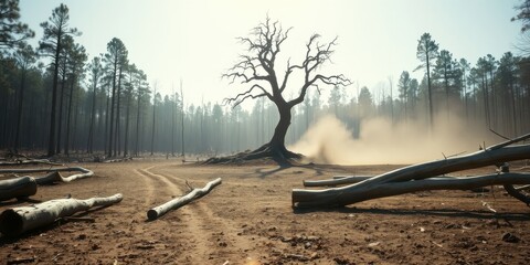 Obraz premium A lone, weathered tree stands resilient amidst a desolate, dust-swept forest clearing, showcasing the aftermath of a natural disaster.