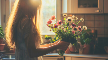 Joyful Woman Arranging Vibrant Spring Flowers in Sunlit Kitchen
