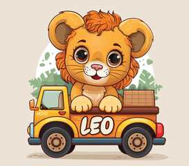 Cartoon illustration of a lion cub in a toy safari car with the inscription "Leo". Children's cute illustration in gentle colors on a beige background