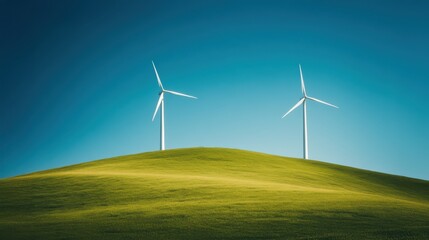 Two wind turbines stand on a green hill under a clear blue sky, symbolizing renewable energy and sustainability.