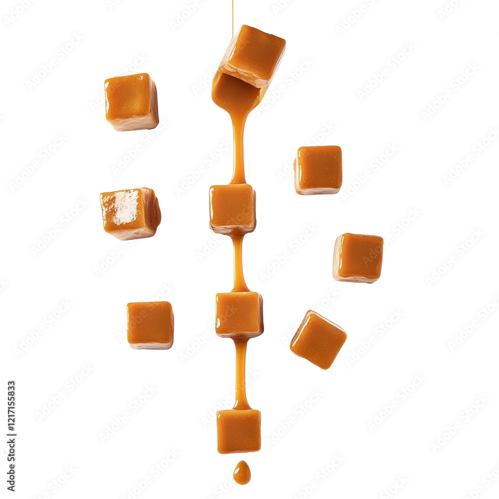 Poster multiple caramel candies falling against a black background with a stream of liquid caramel flowing 