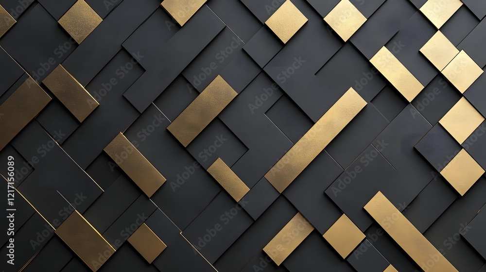 Poster interlocking geometric shapes in black and gold with soft shadows for depth and luxurious
