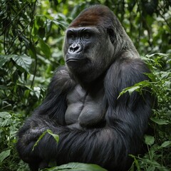 A gorilla sitting peacefully among green foliage in a jungle.