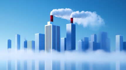 Obraz premium A modern city skyline with industrial smokestacks and blue skies above.
