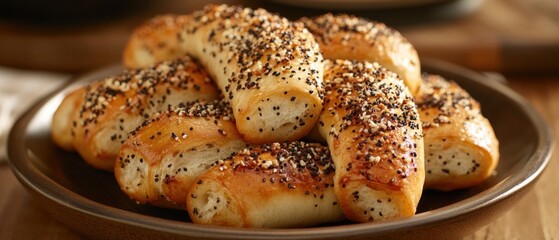 Everything Bagel Pigs in a Blanket Freshly baked poppy seed crescent rolls on a rustic wooden table