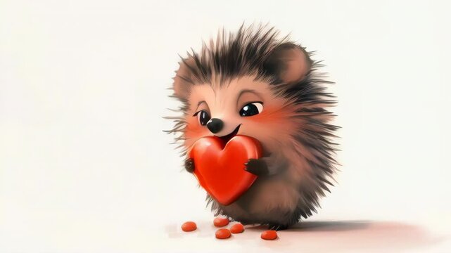 Cute Hedgehog Holding a Heart-Shaped Object Amidst Scattered Treats in a Cheerful Setting. Generative AI