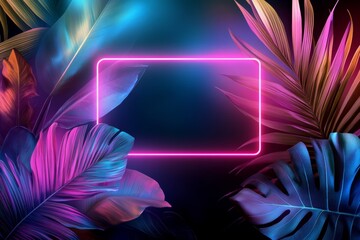 Obraz premium Neon Glow in the Jungle: A vibrant pink neon light frame illuminates a jungle scene, with tropical foliage bathed in a neon glow. The frame creates a captivating space for your text or design. 